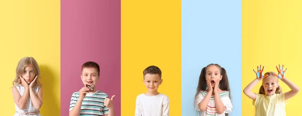 Sammlung Verschiedener Kleiner Kinder Auf Farbigem Hintergrund — Stockfoto