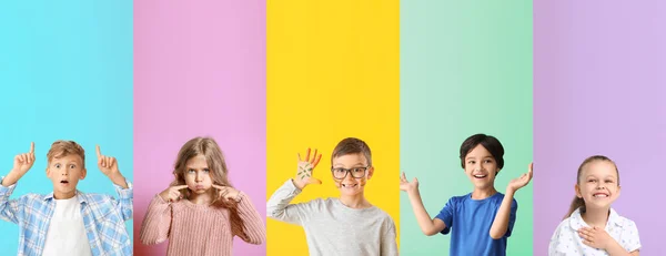 Коллаж Различных Эмоциональных Детей Цветном Фоне — стоковое фото