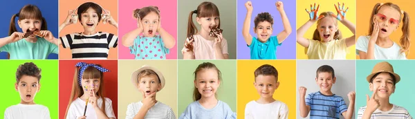 Collage Verschiedener Kleiner Kinder Auf Farbigem Hintergrund — Stockfoto