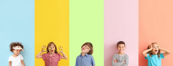 Collage Verschiedener Kinder Auf Farbigem Hintergrund — Stockfoto