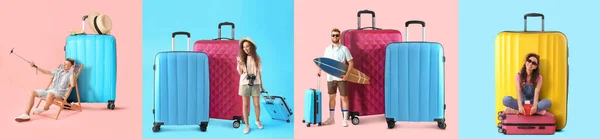 Collage Mit Touristen Und Großem Gepäck Auf Farbigem Hintergrund — Stockfoto
