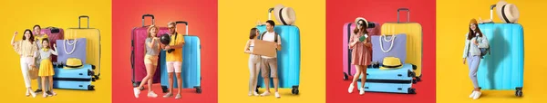 Collage Mit Touristen Und Großem Gepäck Auf Farbigem Hintergrund — Stockfoto