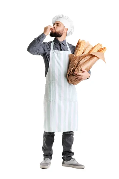 Male Baker Fresh Baguettes White Background — Stok fotoğraf