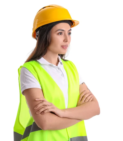 Female Worker Vest Hardhat White Background — Photo