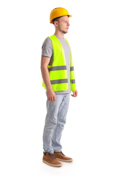 Male Worker Vest Hardhat White Background — Φωτογραφία Αρχείου