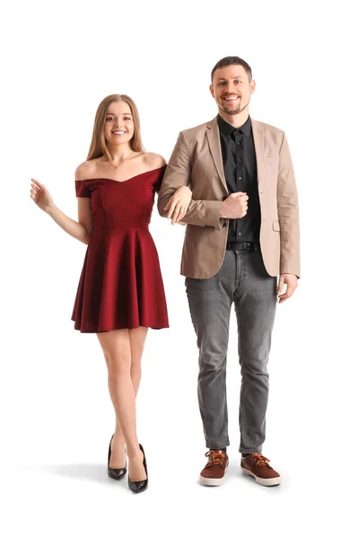 Elegant Young Couple Walking Hand Hand White Background — Stock Photo, Image