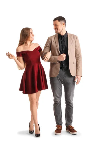 Elegant Young Couple Walking Hand Hand White Background — Stock Photo, Image