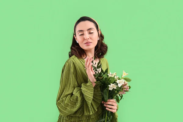 Young Woman Dress Alstroemeria Flowers Green Background — Zdjęcie stockowe