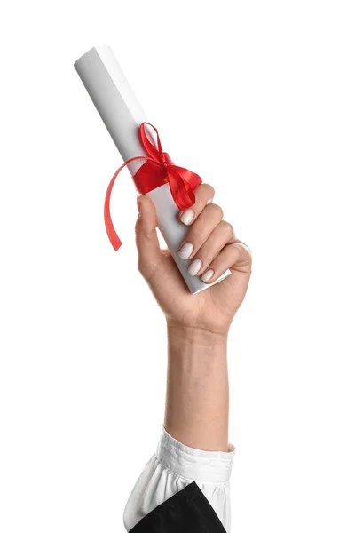 stock image Woman holding diploma with ribbon on white background