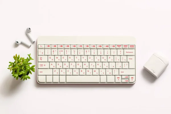 白い背景にキーボード イヤホン 観葉植物との構成 — ストック写真