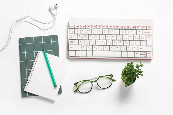 Composition Glasses Keyboard Earphones White Background — Stock Photo, Image