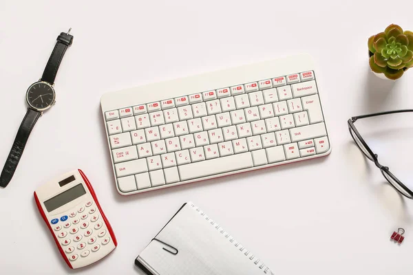 Composition Keyboard Glasses Notebook Calculator Wristwatch White Background — Stock Photo, Image