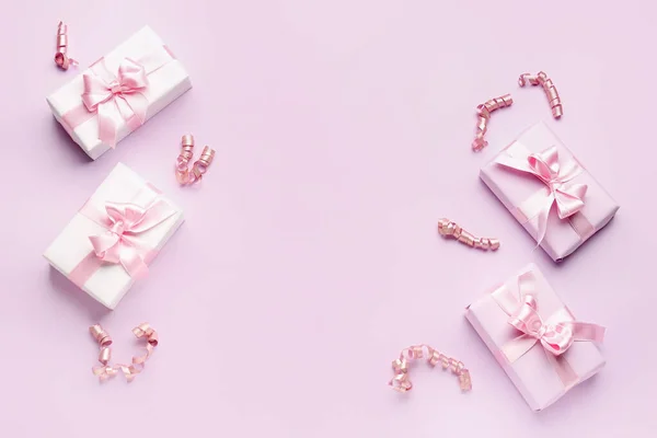 Gift Boxes Beautiful Bows Serpentine Pink Background — Stock Photo, Image