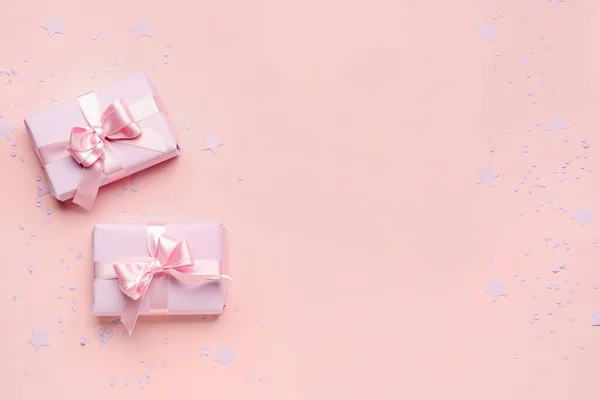 Gift Boxes Beautiful Bows Confetti Pink Background — Stock Photo, Image