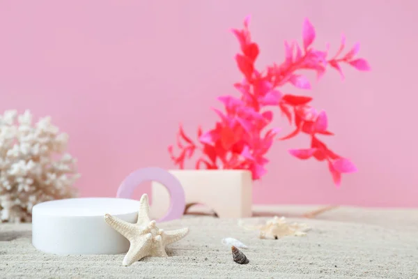 粉红底色沙滩上的装饰石膏 海藻和海星 — 图库照片