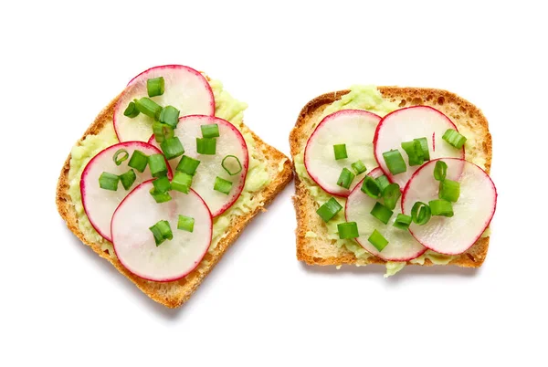 Delicious Bruschettas Radish Green Onion Isolated White Background — Stock Photo, Image