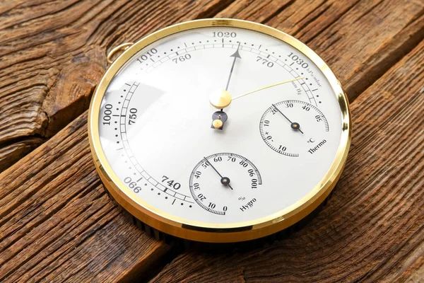 Aneroid Barometer Brown Wooden Background — Stock Photo, Image