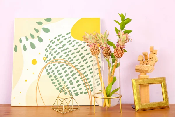 Vase Baby Pineapples Painting Decor Table Lilac Wall — Stock Photo, Image