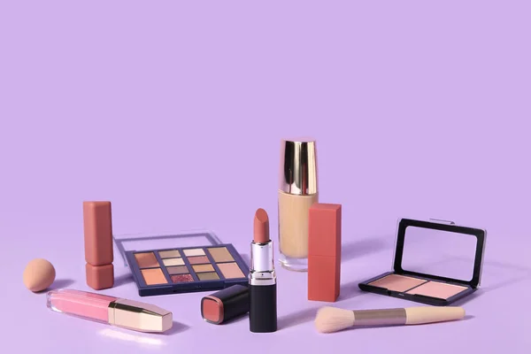 Lipsticks Different Cosmetics Lilac Background — Stock Photo, Image