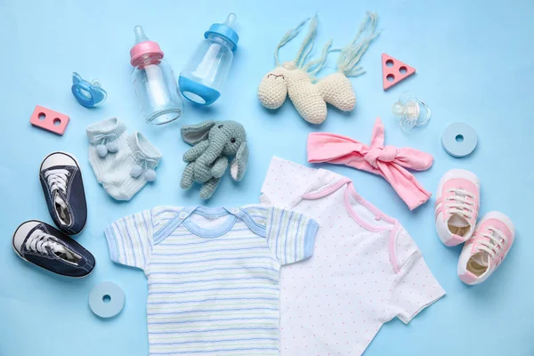Composition Baby Clothes Toys Accessories Blue Background — Stock Photo, Image