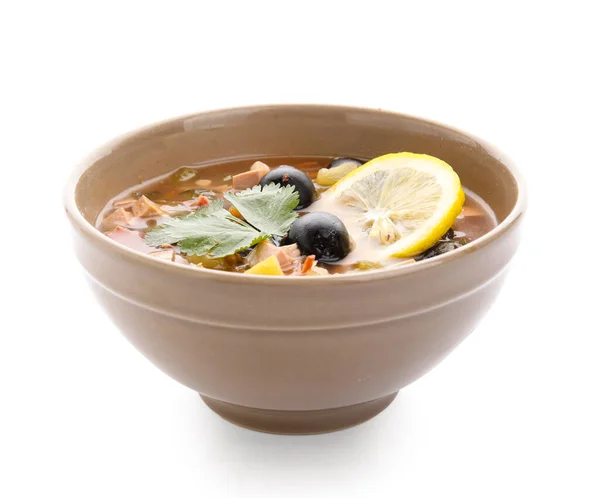 Bowl Tasty Hodgepodge Soup White Background — Stock Photo, Image
