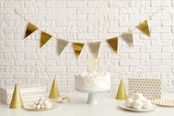 Birthday Cake Candles Sweets White Table Brick Wall — Stock Photo, Image