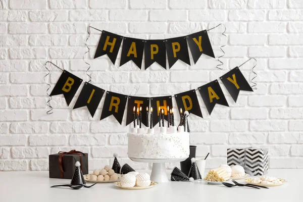 Birthday Cake Candles White Table Garlands Brick Wall — Stock Photo, Image