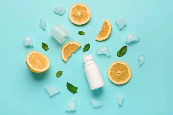 Deodorant Lemon Slices Ice Mint Turquoise Background — Stock Photo, Image