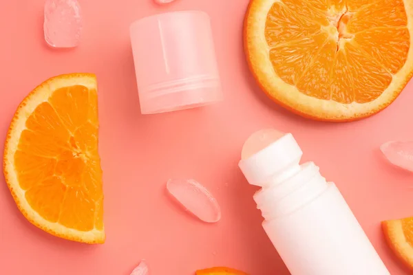 Open Deodorant Orange Slices Ice Color Background — Stock Photo, Image