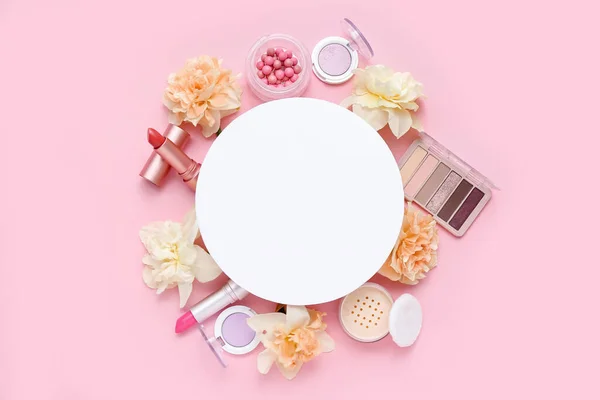 Blank Card Frame Made Different Cosmetics Daffodils Pink Background — Stock Photo, Image
