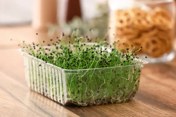 Plastic Container Fresh Micro Green Table Kitchen — Stock Photo, Image