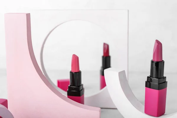Decorative Plaster Podiums Lipsticks Light Background — Stock Photo, Image