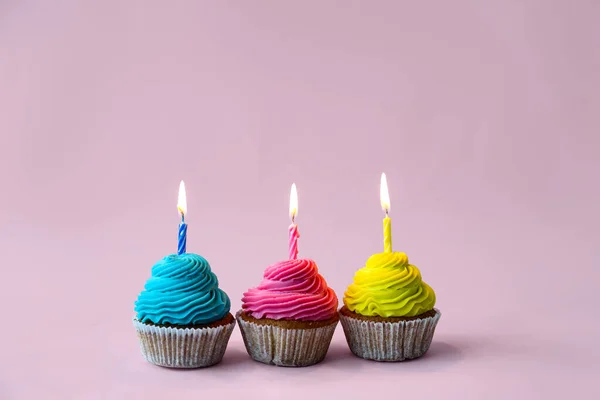 Tasty Cupcakes Birthday Candles Lilac Background — Stock Photo, Image