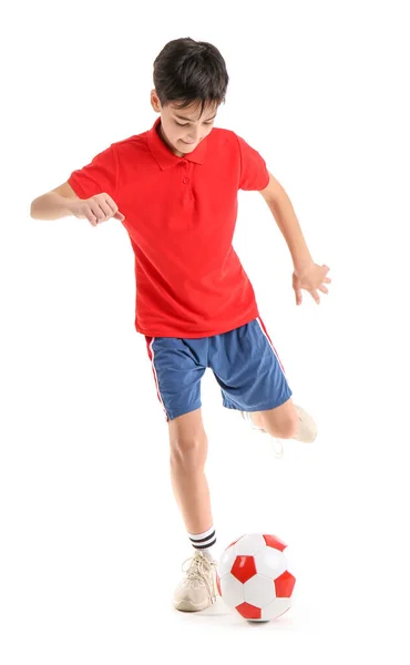 Kleiner Junge Spielt Mit Fußball Auf Weißem Hintergrund — Stockfoto