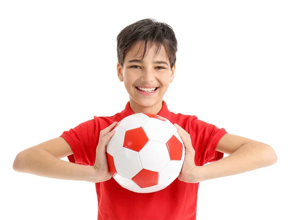 Malý Chlapec Fotbalovým Míčem Bílém Pozadí — Stock fotografie