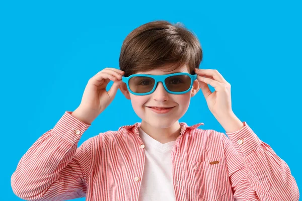 Little Boy Glasses Blue Background Closeup Children Day Celebration — Stock Photo, Image
