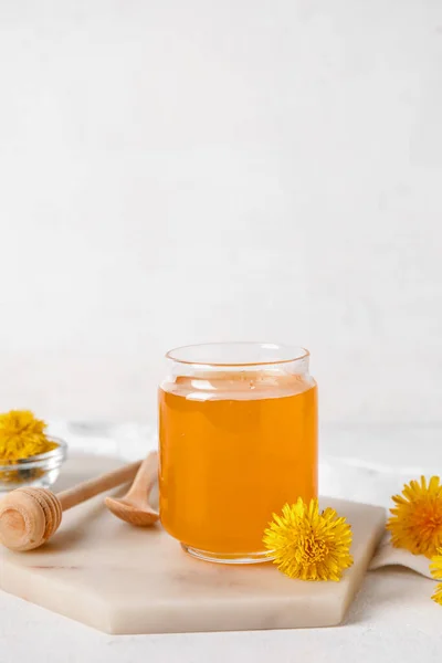Board Jar Dandelion Honey White Table — Stock Photo, Image