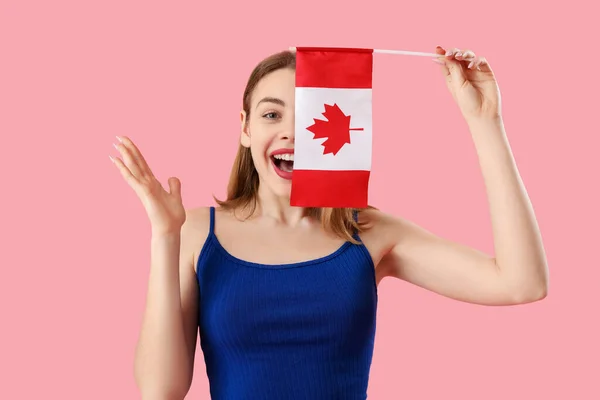 Happy Young Woman Flag Canada Pink Background — Stock Photo, Image