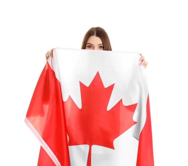 Jonge Vrouw Met Vlag Van Canada Witte Achtergrond — Stockfoto