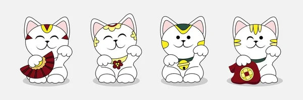 Diferentes Lindos Maneki Neko Gatos Haciendo Señas Sobre Fondo Blanco — Vector de stock