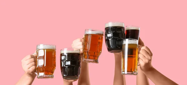 Many Hands Beer Pink Background — Stock Photo, Image