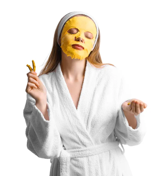 Young Woman Turmeric Mask Roots White Background — Stock Fotó