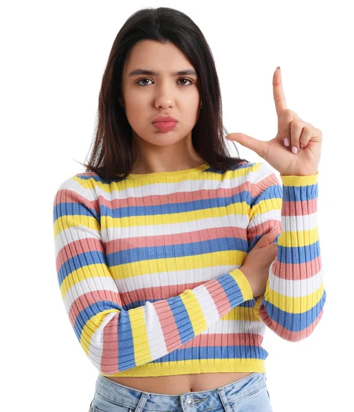 Upset Young Woman Showing Loser Gesture White Background — Stock Photo, Image