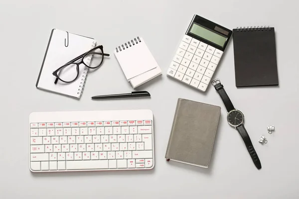 Composition Glasses Keyboard Notebook Calculator White Background — Stock Photo, Image