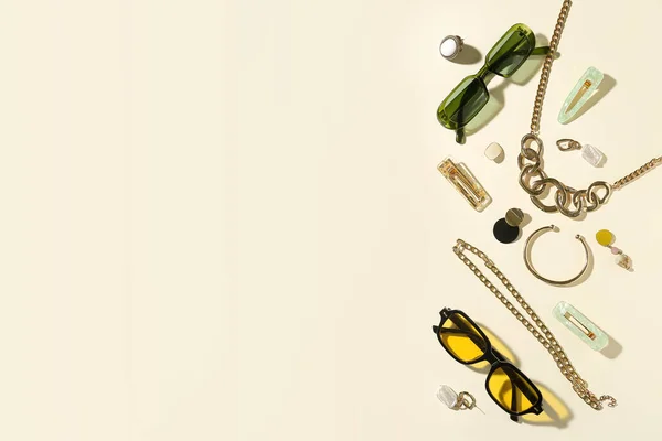 Stylish Accessories Sunglasses Light Background — Stock Photo, Image