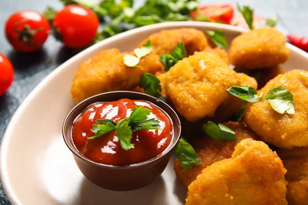 Plate Delicious Nuggets Ketchup Parsley Closeup — Stock Photo, Image