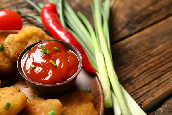 Plate Delicious Nuggets Bowl Ketchup Vegetables Wooden Table Closeup — Stock Photo, Image