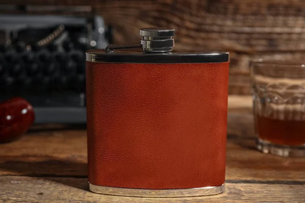 New Hip Flask Wooden Background — Stock Photo, Image