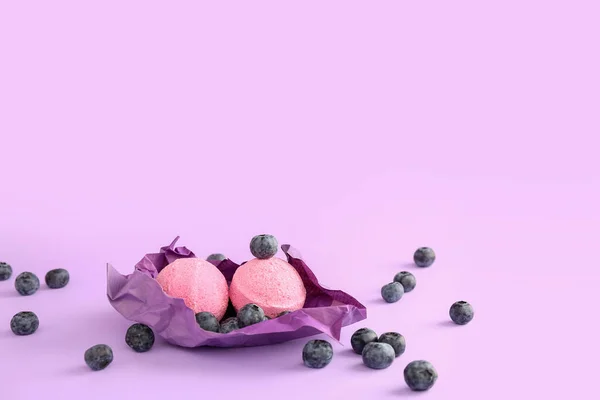 Bath Bomb Crumbled Paper Blueberry Lilac Background — Stock Photo, Image