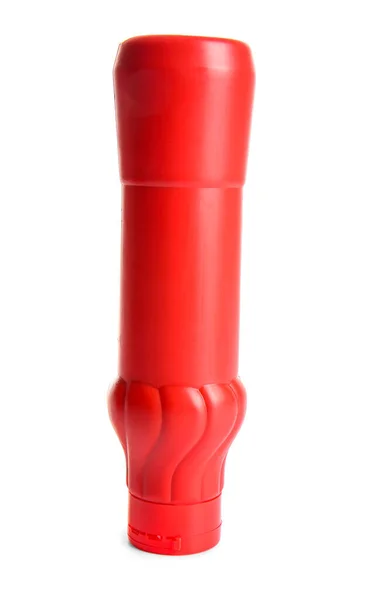 Frasco Plástico Cabeça Para Baixo Ketchup Sobre Fundo Branco — Fotografia de Stock